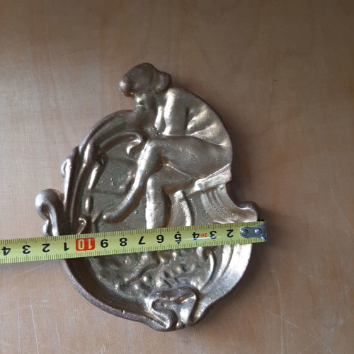 Art Nouveau metal ashtray used, vintage decorative plate