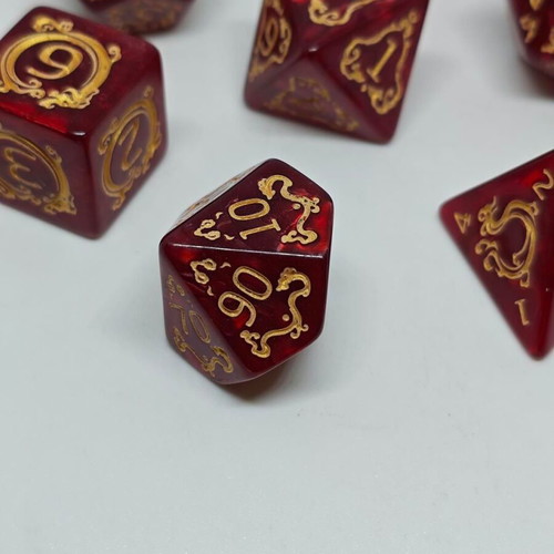 D&D Dragon Pearl Red & Gold Dice Set like new, 7 pieces