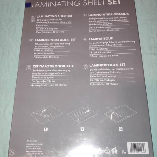 Transparent laminating sheets A4 80 micron, pack of 50, new