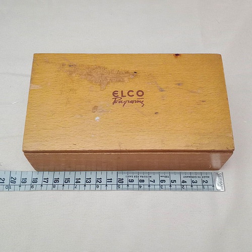 Vintage wooden box ELCO Vagiwnis used, 1970s promotional case