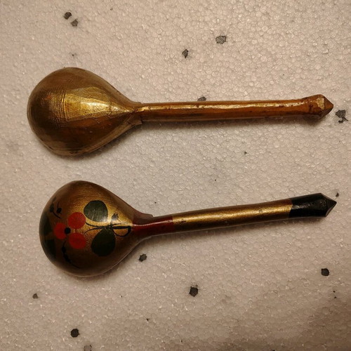 Set of wooden Japanese hand-painted spoons restored