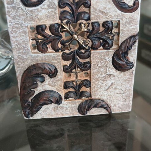 Decorative table candle holder with embossed cross, like new