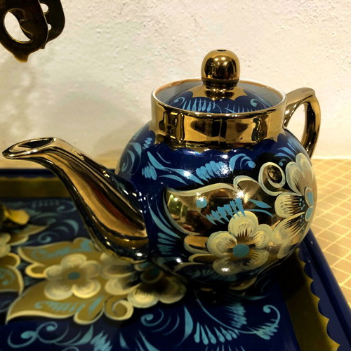 Vintage electric samovar with handmade painting, tray and teapot new