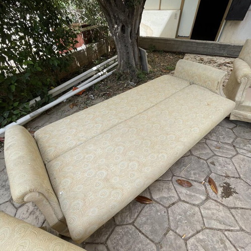 Sofa bed used with storage, two armchairs and two office chairs