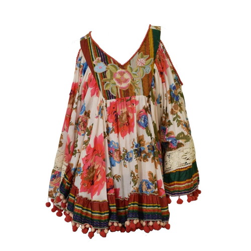 Antica Sartoria tunic blouse top with embroidery, cold shoulders and pom poms, multicolor, very good condition