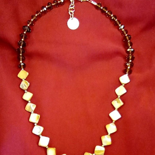 Necklace with Mother of Pearl and Brown Crystals like new, elegant handmade design