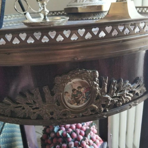 Decorative tables with handmade marquetry and red marble, like new, set of 2