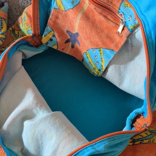 Canvas beach shoulder bag with matching pareo, turquoise and orange