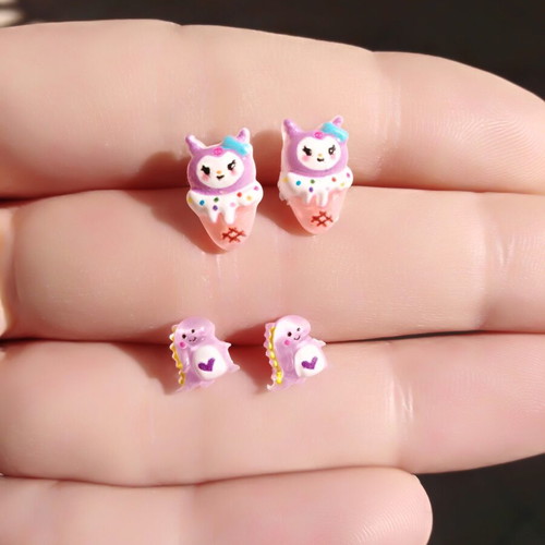 Earrings hypoallergenic, handmade 2 pairs with Kuromi & Dino characters
