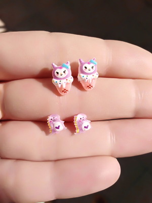 Earrings hypoallergenic, handmade 2 pairs with Kuromi & Dino characters