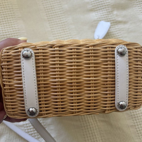 Wicker bag with white vegan leather crossbody strap like new