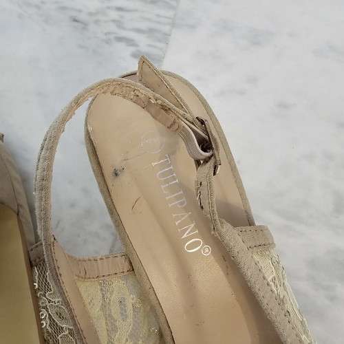 Tulipano women's peep-toe sandals used, size 38, beige with lace and sequins