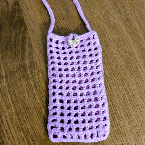 Handmade purple crochet phone case with strap