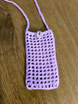 Handmade purple crochet phone case with strap