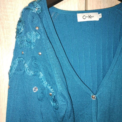 Turquoise cardigan with ribbon and crystals vintage style like new