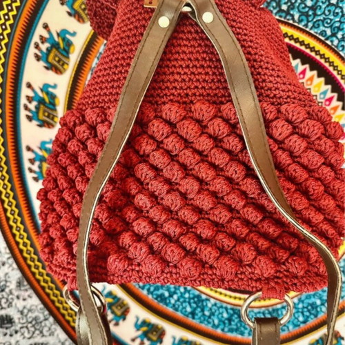 Handmade burgundy backpack like new with embossed bubbles knitting