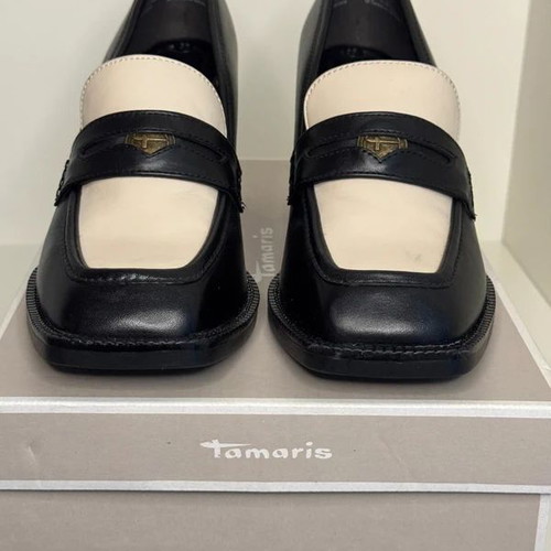 Tamaris loafer heels new, two-tone, genuine leather, 7cm heel