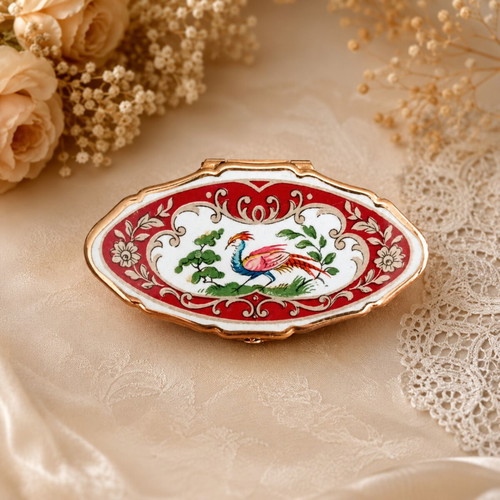 Stratton vintage compact mirror used with enamel bird design