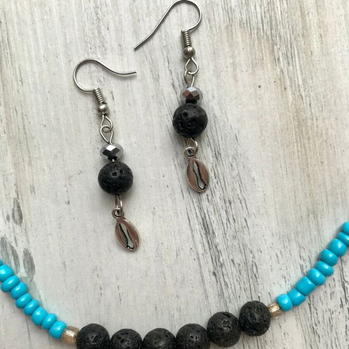 Summer jewelry set necklace and earrings with black lava, turquoise beads, and metal shells new