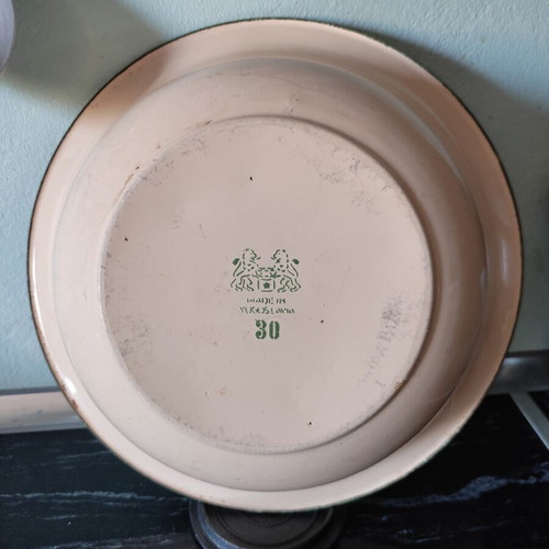 Vintage enamel bowl 30 cm used, cream with green rim