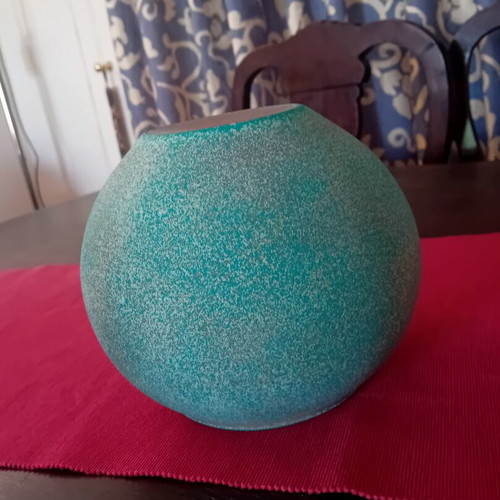 Clay vase round shape in blue-green shade like new