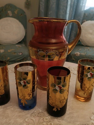 Vintage glass pitcher set with 5 glasses used, Murano handmade
