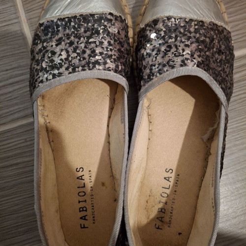 Fabiolas Collection women's flat espadrilles used with grey sequins and silver detail size 37