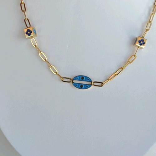 Steel necklace new blue and gold