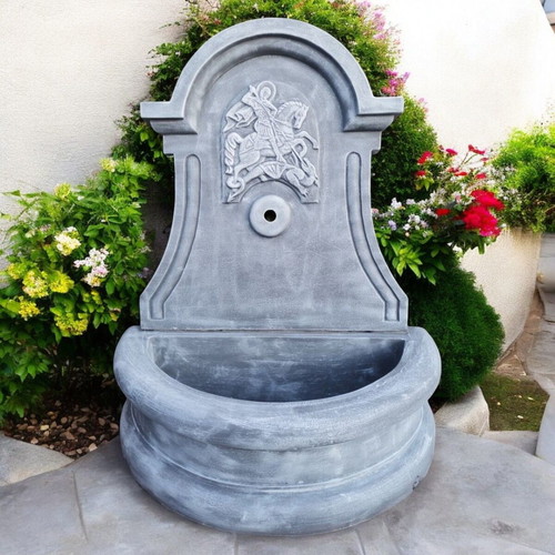 Saint George Garden Fountain Concrete Wall-Mounted Outdoor Gray White