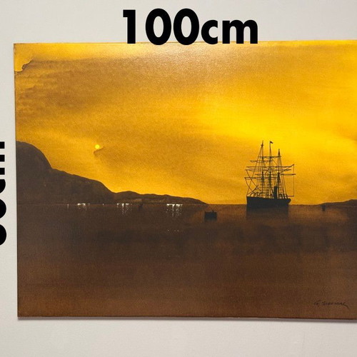 Original Painting by Giorgos Siountas Ship at Sunset 100×80 Like New