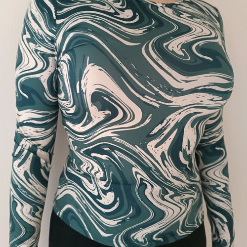 Long-sleeve blouse with marble print like new, petrol and white