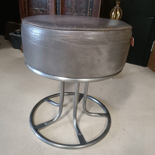Art Sensation grey leather pouf with metal base
