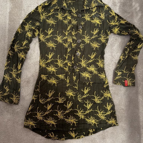 Skfk women's long shirt like new, dark green with yellow embroidery