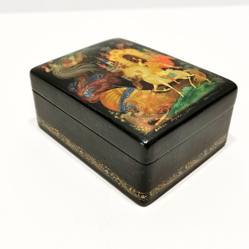 Russian lacquer box used with hand-painted Ruslan and Ludmila design