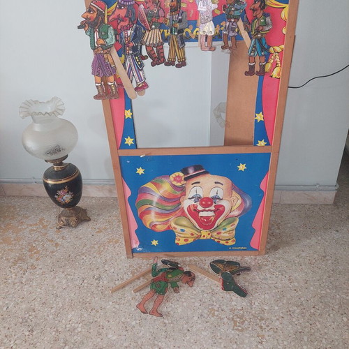 Karagiozis Puppet Theater used with 9 wooden figures and 1 wooden stage
