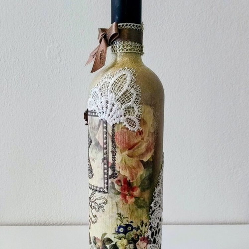 Handmade Decorative Sealed Wine Bottle Vintage Decoupage with Lace and Corset