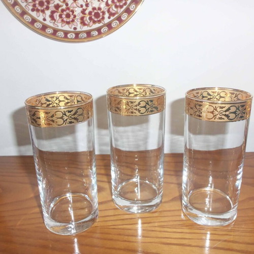 Water glasses used, set of 3, hand-blown glass with gold rim 6x14 cm