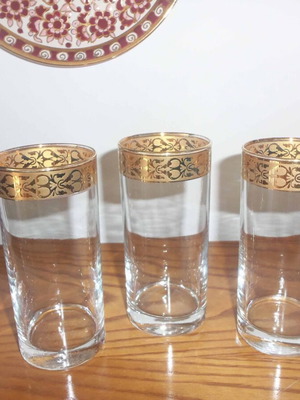 Water glasses used, set of 3, hand-blown glass with gold rim 6x14 cm