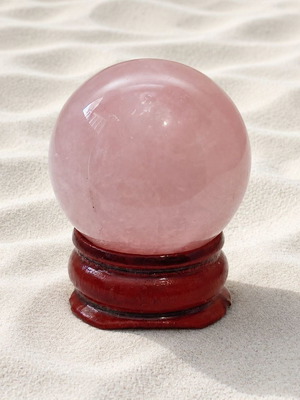 Decorative desk sphere with rosewood base and rose quartz stone new
