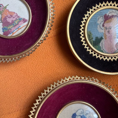 Needlepoint portraits set vintage, brass ornate frames, rococo style