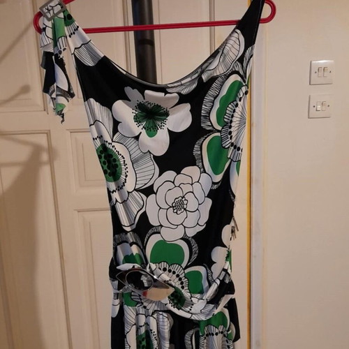 Retro floral dress with draped buckle detail, size S