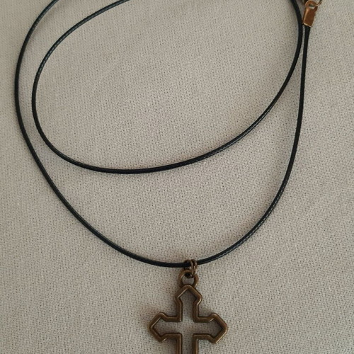 Cross necklace handmade, new, bronze with black strap