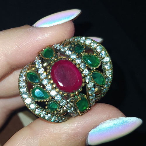 Ring decorated with rubies, emeralds and zirconia, size 7