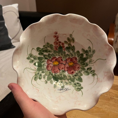 Vintage Handmade Fruit Bowl signed "CHRIST" with floral design