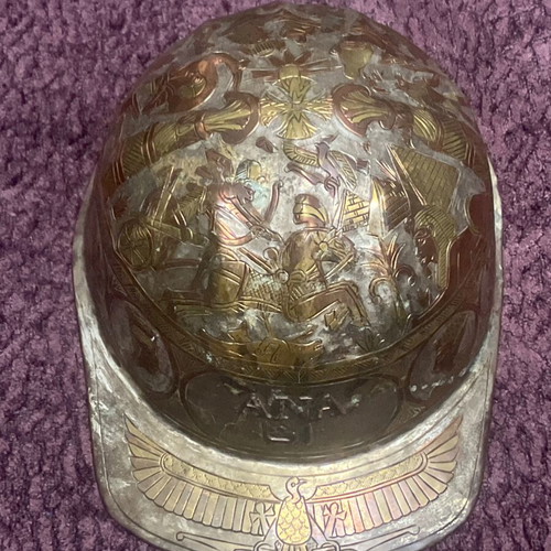 Vintage Egyptian bronze helmet engraved like new