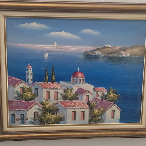 Billis oil painting like new, Greek island landscape on canvas