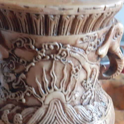 Vintage Oriental Vase with Relief Scenes and Elephant Handles like New