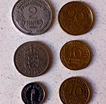  France, 2 Francs 1950, 20 Centimes 1964, 10 Centimes 1996,10 Centimes 1963, 1 Centime 1966