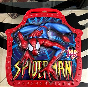SPIDER-MAN EMBOSSED TIN LUNCHBOX with 100-pieces PUZZLE INSIDE NEW