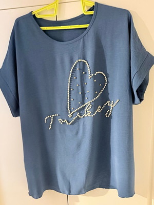 Chic Blue Jean Top with Pearls and Heart like new